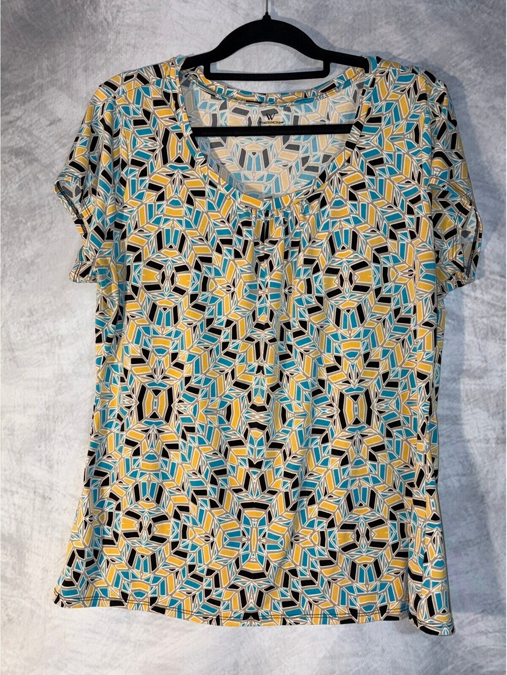 Worthington Women's XL Geometric Print Pleated Scoop Neck Short Sleeve Top